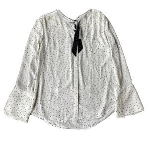 White House Black Market Women White Long Sleeve Blouse 14 Polka Dots Tie Neck